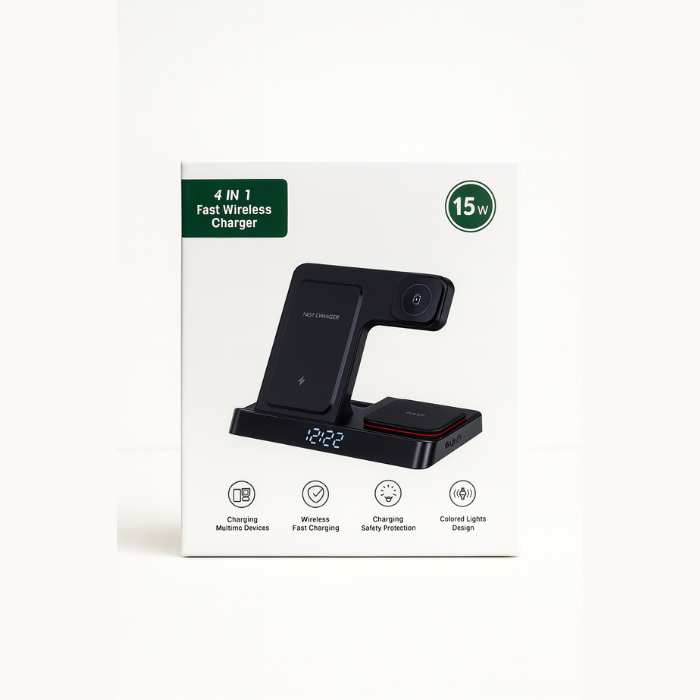 4-in-1 15W Fast Wireless Charging Station with LED Clock Display