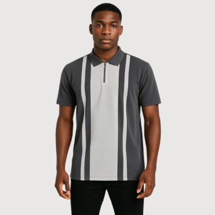 BoohooMAN Grey & White Stripe Half-Zip Polo Shirt