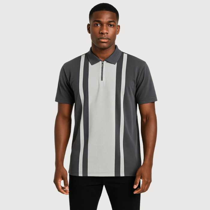 BoohooMAN Grey & White Stripe Half-Zip Polo Shirt